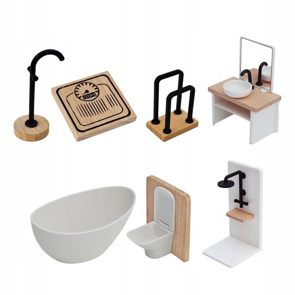 Badezimmermöbel-Set aus Holz für Puppenhaus, 7-teilig, Maßstab 1:12
