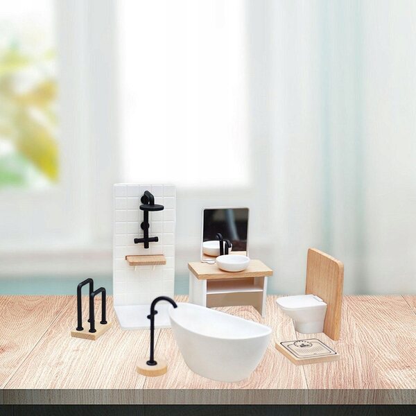 Badezimmermöbel-Set aus Holz für Puppenhaus, 7-teilig, Maßstab 1:12