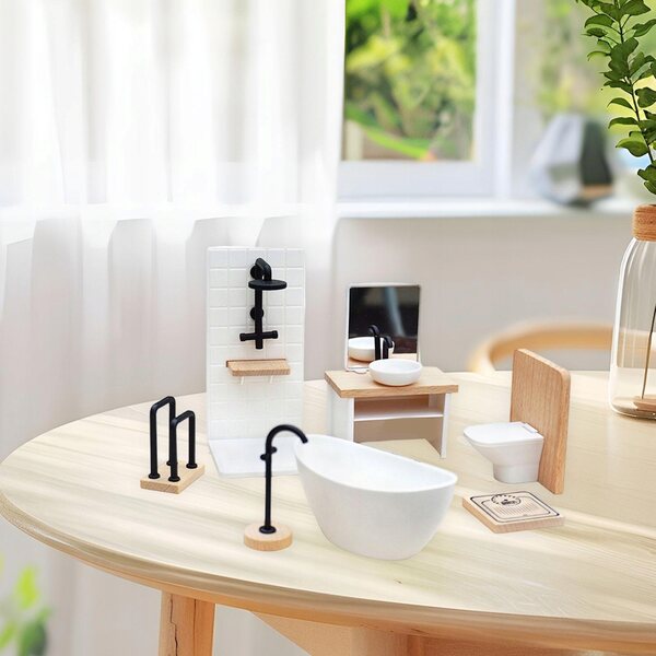 Badezimmermöbel-Set aus Holz für Puppenhaus, 7-teilig, Maßstab 1:12