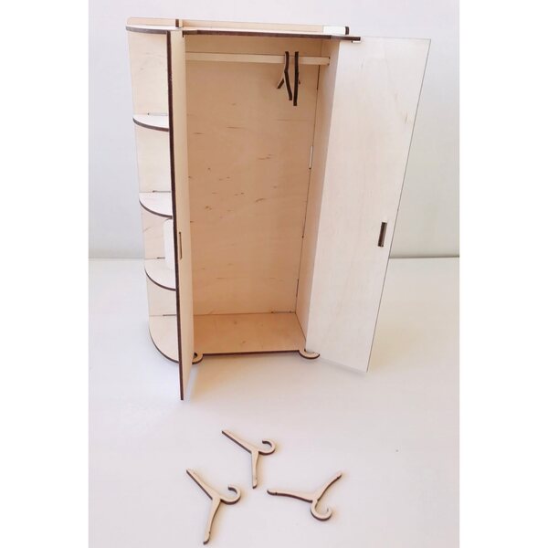 Holzmöbelset für 30-cm-Puppen mit Kleiderschrank und Kleiderbügel