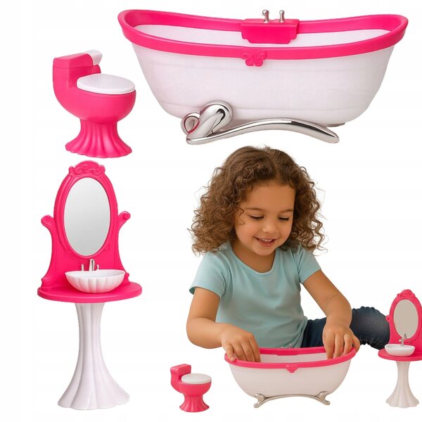 Puppenbadezimmerset mit Badewanne, Toilette und Waschbecken mit rosa-weißem Spiegel