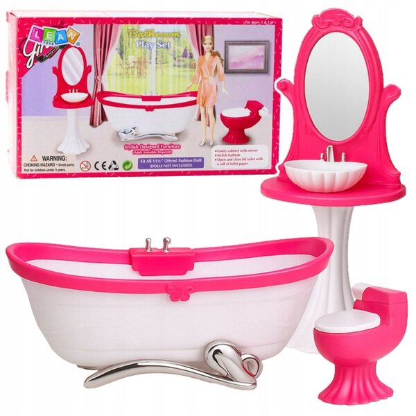 Puppenbadezimmerset mit Badewanne, Toilette und Waschbecken mit rosa-weißem Spiegel