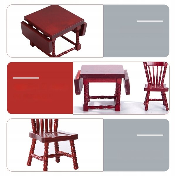 1/12 Rotes Mini-Küchenmöbelset aus Holz mit dekorativem Tisch und Stühlen