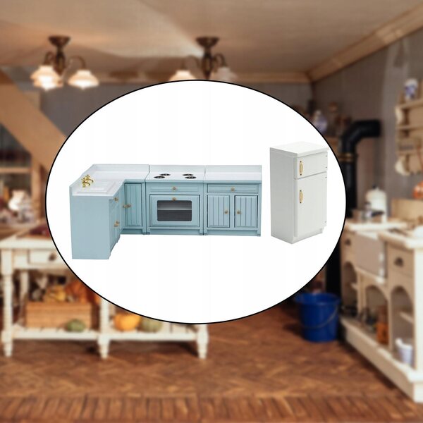 Holz-Küchenmöbel-Set für Puppenhaus 1:12 Blau für Kinder