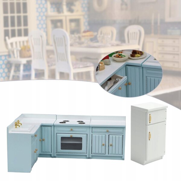 Holz-Küchenmöbel-Set für Puppenhaus 1:12 Blau für Kinder