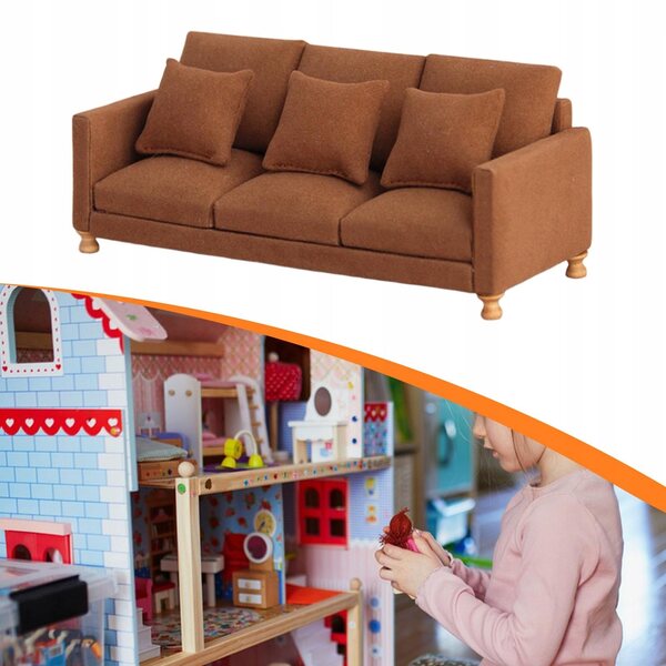 Miniature sofa 1:12 til dukkehus i realistisk mørkebrunt stof