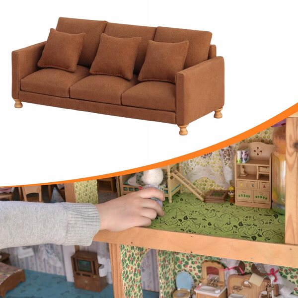 Miniature sofa 1:12 til dukkehus i realistisk mørkebrunt stof
