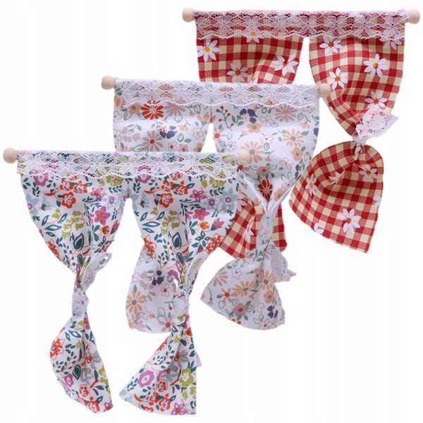 Set 3 Mini Decorazioni Tende in Pizzo per Miniature Domestiche 12,5x11,5 cm