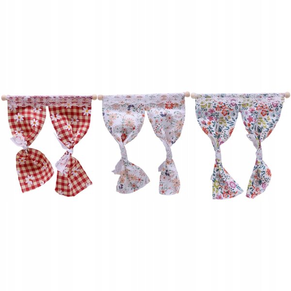 Set 3 Mini Decorazioni Tende in Pizzo per Miniature Domestiche 12,5x11,5 cm
