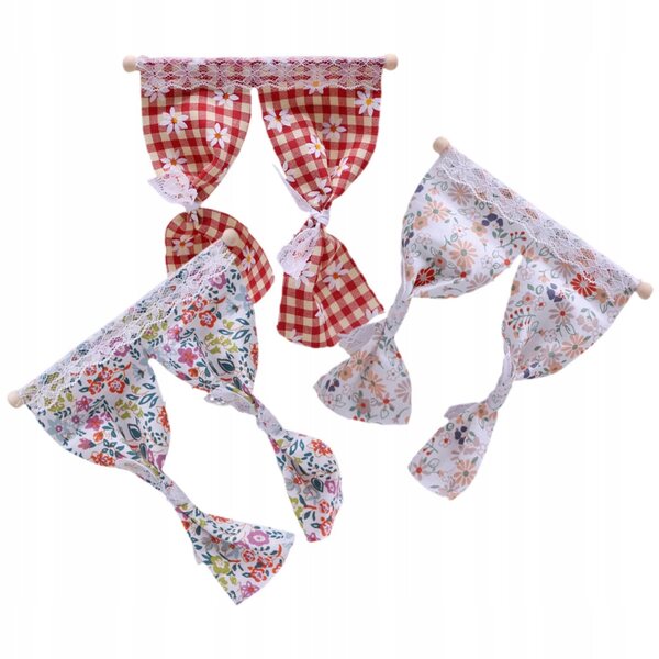 Set 3 Mini Decorazioni Tende in Pizzo per Miniature Domestiche 12,5x11,5 cm