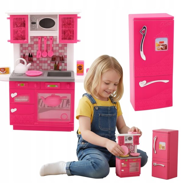 Küchenset für 29-cm-Puppen mit Kühlschrank, Ofen und Zubehör in Rosa und Weiß
