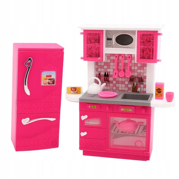 Küchenset für 29-cm-Puppen mit Kühlschrank, Ofen und Zubehör in Rosa und Weiß