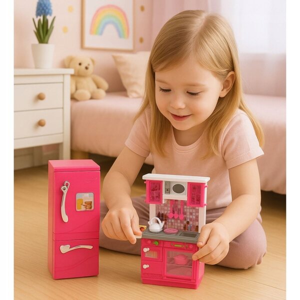 Küchenset für 29-cm-Puppen mit Kühlschrank, Ofen und Zubehör in Rosa und Weiß