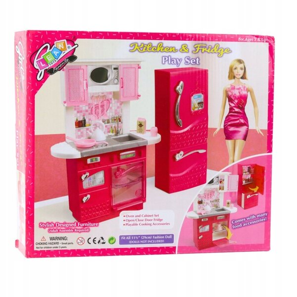 Küchenset für 29-cm-Puppen mit Kühlschrank, Ofen und Zubehör in Rosa und Weiß