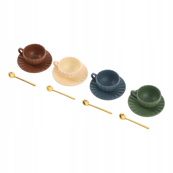 Set 4 Mini Tazzine da Caffè con Piattini e Cucchiaini in Metallo per Bambole
