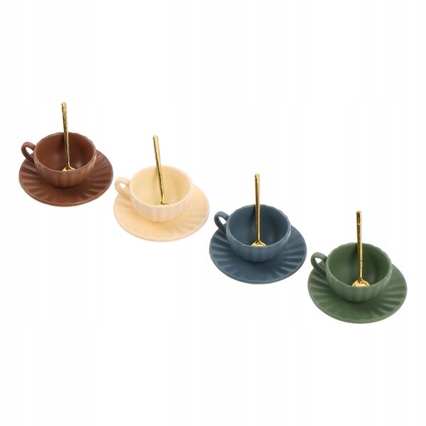 Set 4 Mini Tazzine da Caffè con Piattini e Cucchiaini in Metallo per Bambole