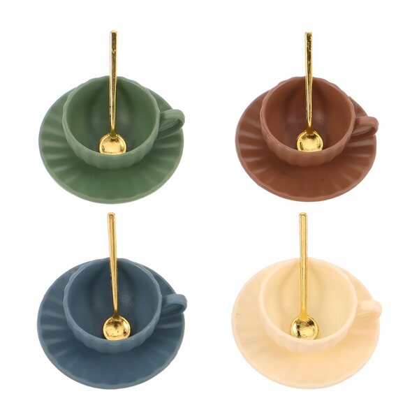 Set 4 Mini Tazzine da Caffè con Piattini e Cucchiaini in Metallo per Bambole