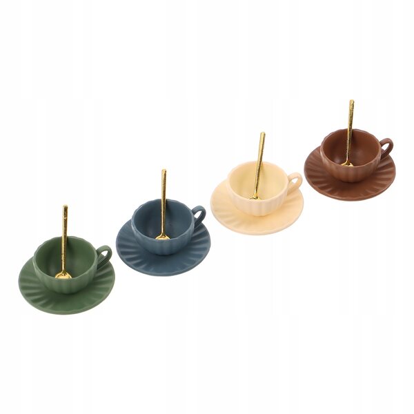 Set 4 Mini Tazzine da Caffè con Piattini e Cucchiaini in Metallo per Bambole