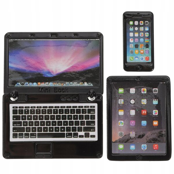 Set 3 Miniature Modelli Neri in Metallo: Laptop, Tablet e Telefono Realistici