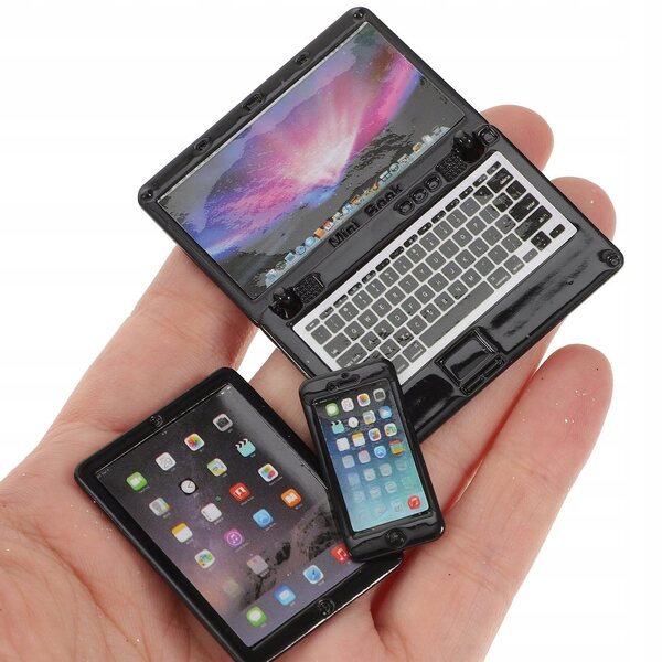 Set 3 Miniature Modelli Neri in Metallo: Laptop, Tablet e Telefono Realistici