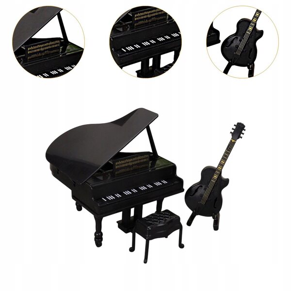Miniatura Fortepiano con Chitarra e Sgabello per Casa delle Bambole 1:12