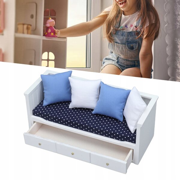 Miniatura divano per bambole 1:12 in legno con cuscini decorativi