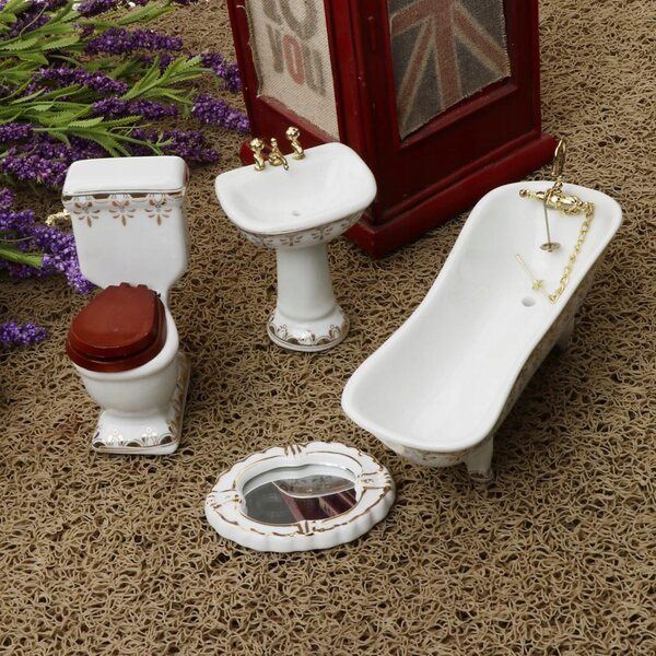 1:12 Puppenhaus-Miniatur-Badezimmer-Set mit Badewanne, Toilette und Waschbecken
