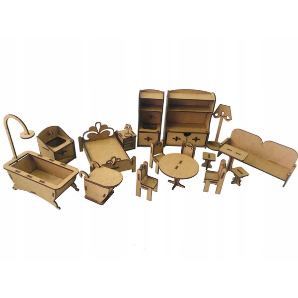 Puppenmöbel-Set aus Holz mit Decoupage, komplett und montiert