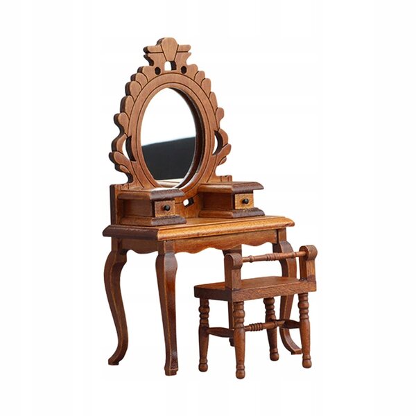 Miniatura toaletka con sgabello in legno 1:12 per casa delle bambole vintage