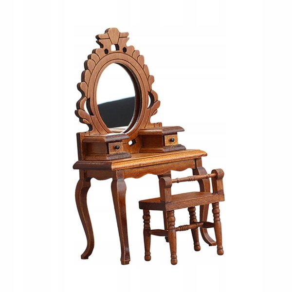 Miniatura toaletka con sgabello in legno 1:12 per casa delle bambole vintage