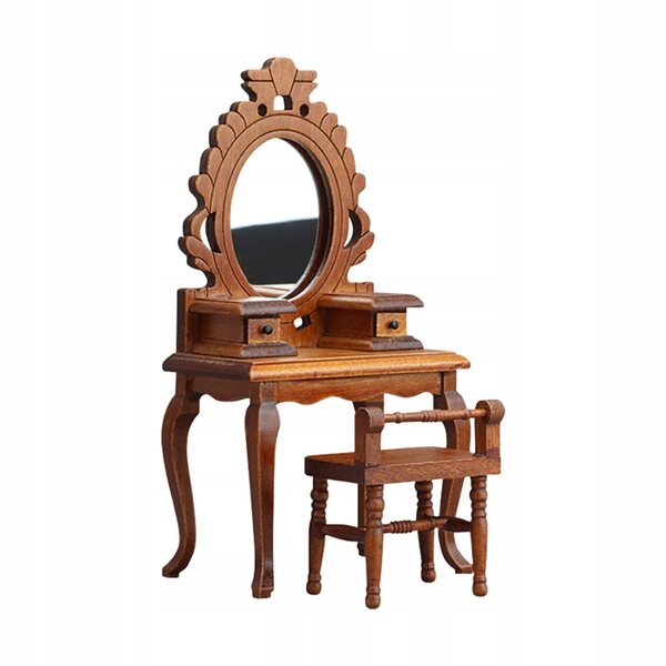 Miniatura toaletka con sgabello in legno 1:12 per casa delle bambole vintage