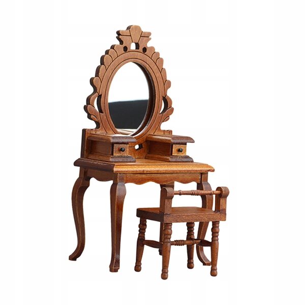 Miniatura toaletka con sgabello in legno 1:12 per casa delle bambole vintage