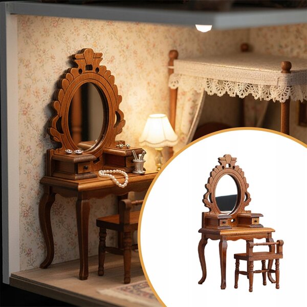 Miniatura toaletka con sgabello in legno 1:12 per casa delle bambole vintage