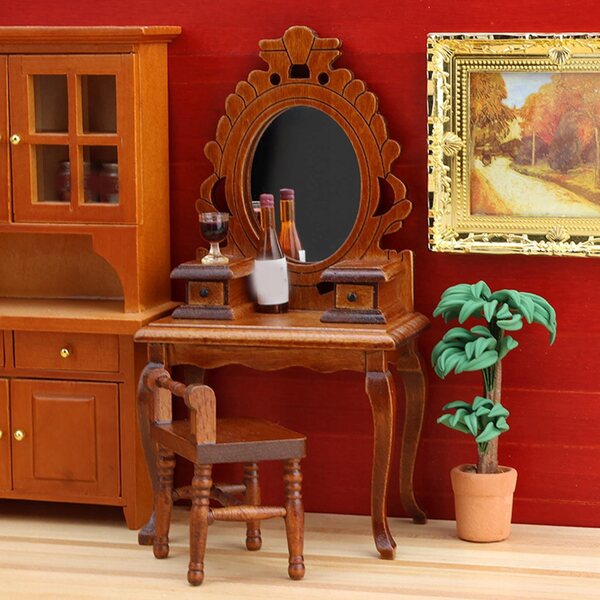 Miniatura toaletka con sgabello in legno 1:12 per casa delle bambole vintage