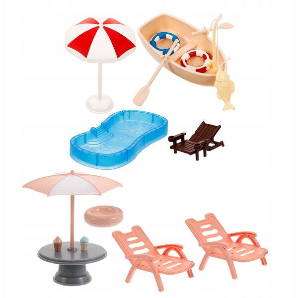 Set Accessori Spiaggia per Casa delle Bambole con Piscina e Ombrellone Colorato