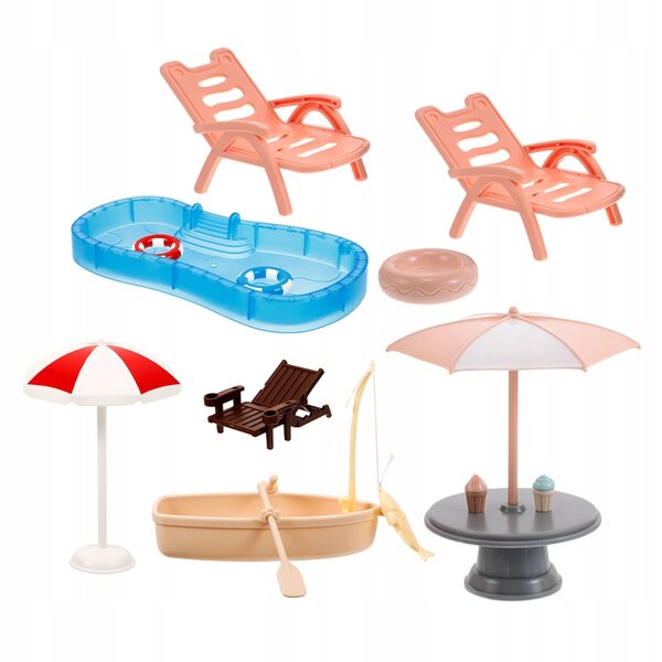 Set Accessori Spiaggia per Casa delle Bambole con Piscina e Ombrellone Colorato