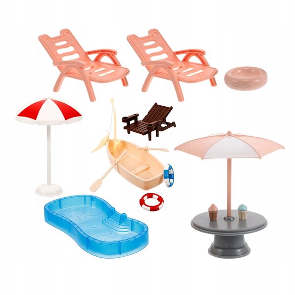 Set Accessori Spiaggia per Casa delle Bambole con Piscina e Ombrellone Colorato