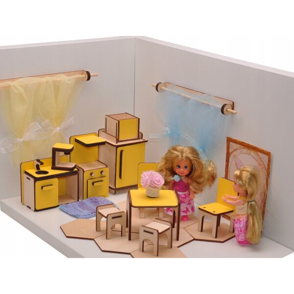 Buntes Küchenmöbel-Set aus Holz für Puppenhaus – 9-teilig