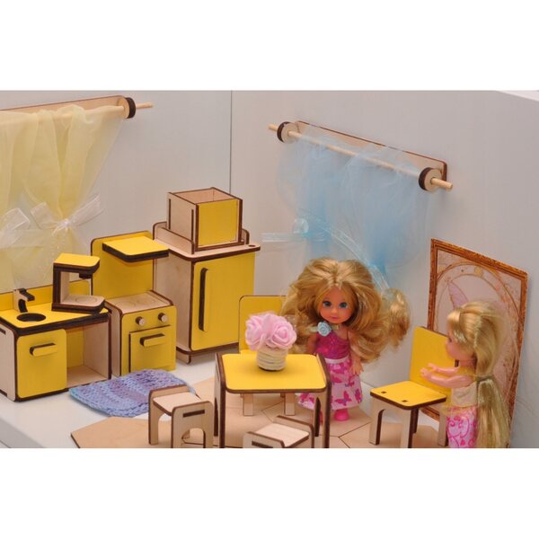 Buntes Küchenmöbel-Set aus Holz für Puppenhaus – 9-teilig