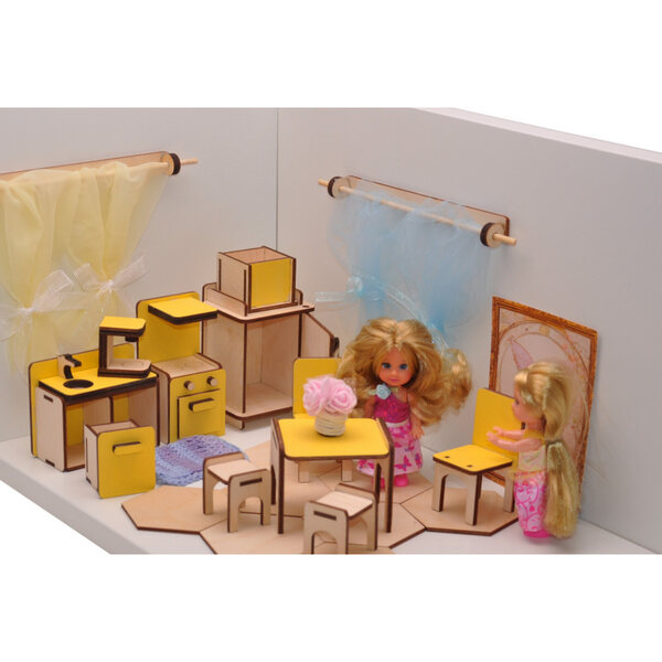 Buntes Küchenmöbel-Set aus Holz für Puppenhaus – 9-teilig