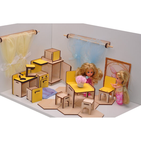Buntes Küchenmöbel-Set aus Holz für Puppenhaus – 9-teilig