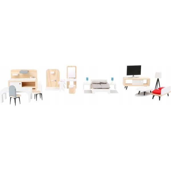 Set completo di mobili in legno stile scandinavo per case delle bambole