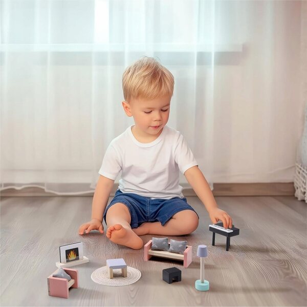 Holzmöbel-Set für Navaris Puppenhaus-Wohnzimmer, 11-teilig