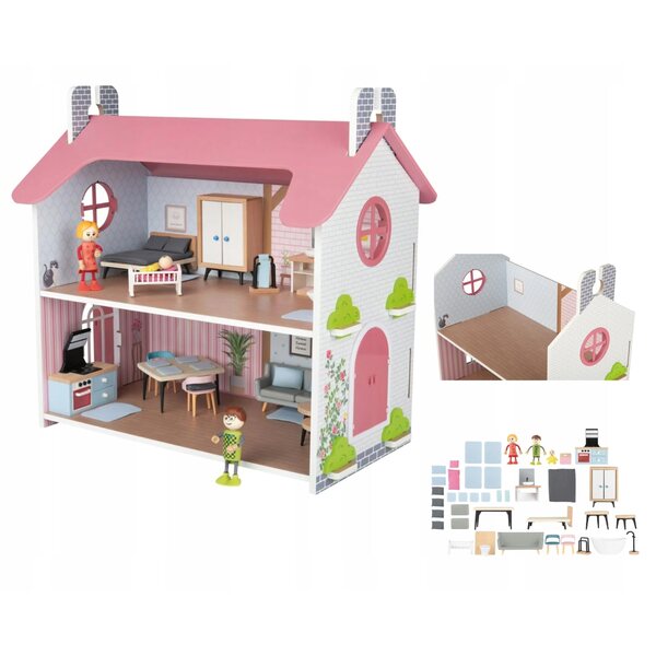 Maison de poupée en bois Pink Cottage avec meubles et poupées, 41 articles
