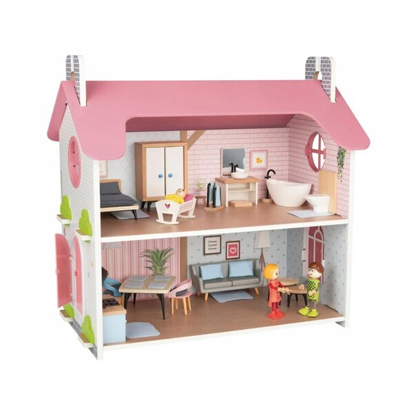 Casa delle bambole in legno Pink Cottage con mobili e bambole, 41 elementi