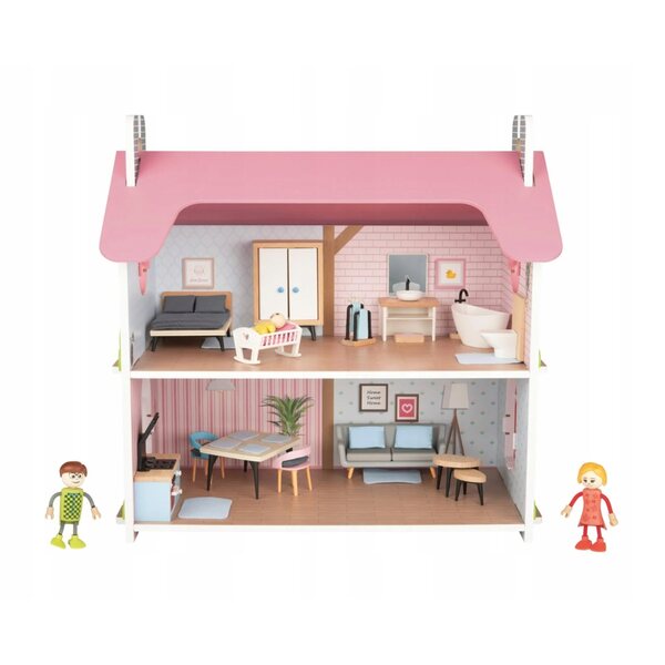 Casa delle bambole in legno Pink Cottage con mobili e bambole, 41 elementi