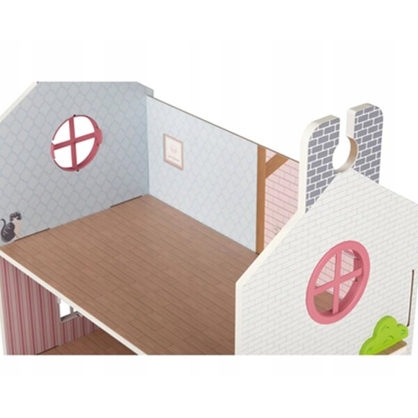 Casa delle bambole in legno Pink Cottage con mobili e bambole, 41 elementi