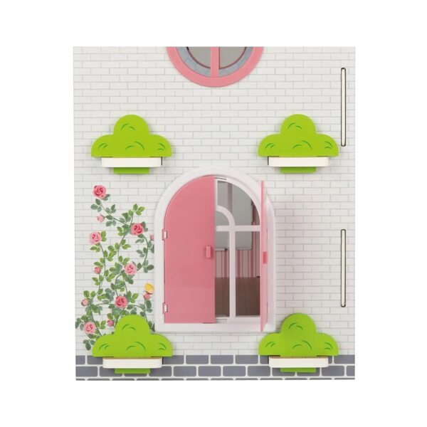 Casa delle bambole in legno Pink Cottage con mobili e bambole, 41 elementi
