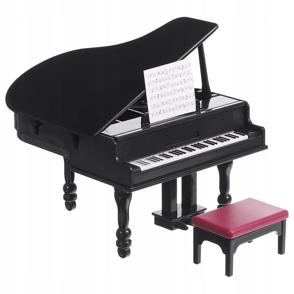 Mini pianoforte nero con sgabello per gioco e decorazione casa delle bambole