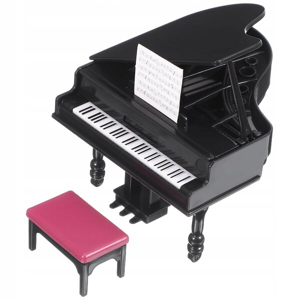 Mini pianoforte nero con sgabello per gioco e decorazione casa delle bambole
